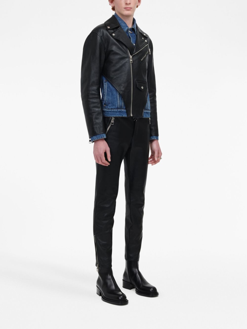 Shop Alexander Mcqueen Leather Panelled Denim Jacket In Black