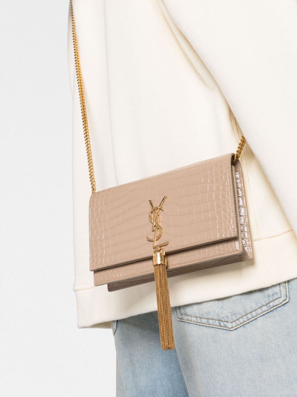 Shop Saint Laurent Small Kate Leather Clutch Bag In Neutrals