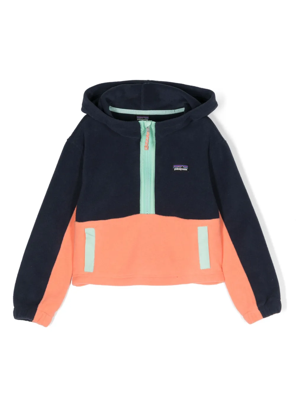 Patagonia Kids' Microdini Cropped Fleece Hoody Pullover In Navy/coral