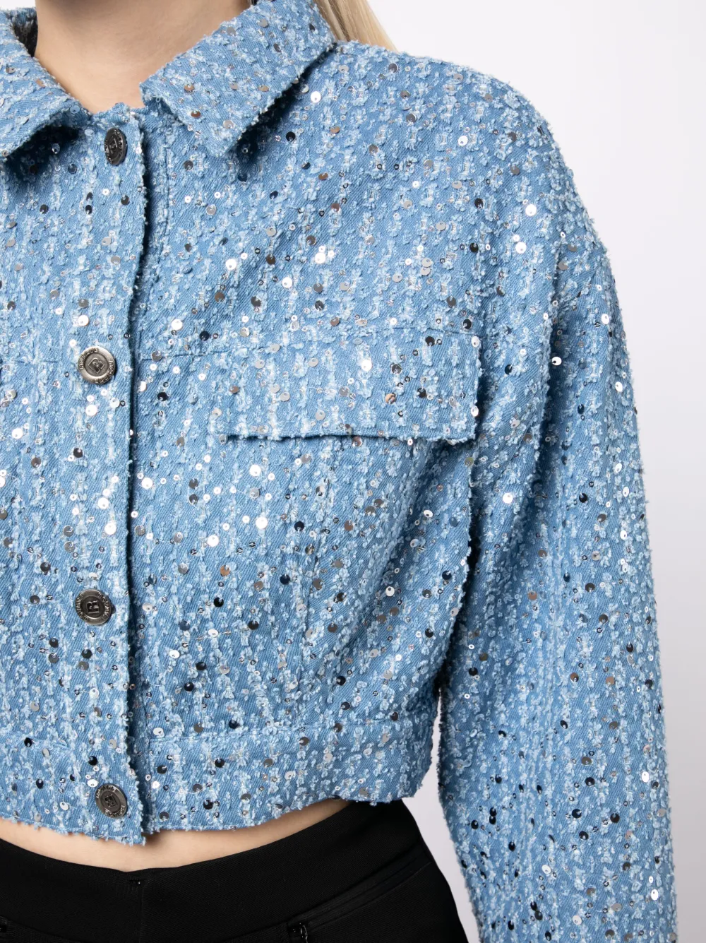 ROTATE BIRGER CHRISTENSEN SEQUIN-EMBELLISHED CROPPED DENIM JACKET