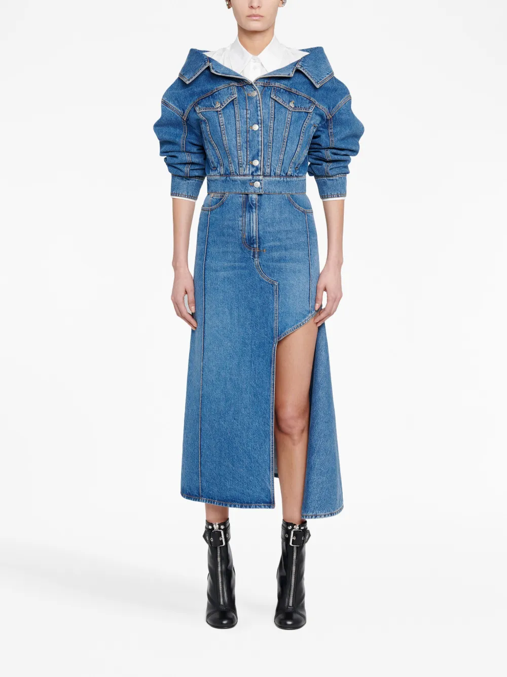 Alexander Mcqueen Denim Midi Skirt With Asymmetric High Slit In Blue