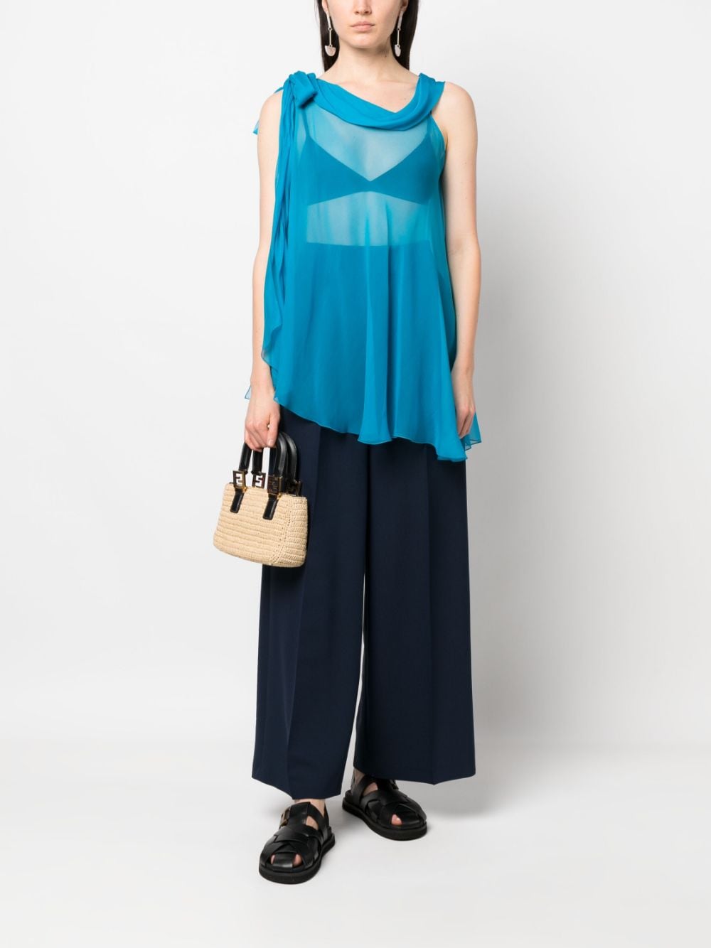 Shop Alberta Ferretti Semi-sheer Asymmetric Blouse In Blue