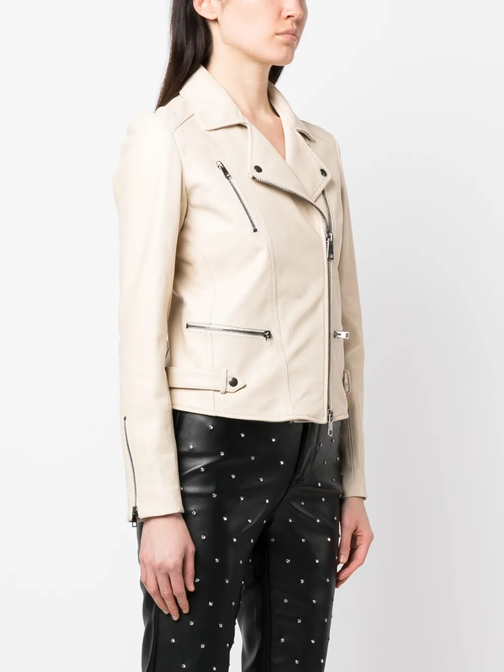 Simonetta Ravizza Zip-up Leather Biker Jacket In Neutrals