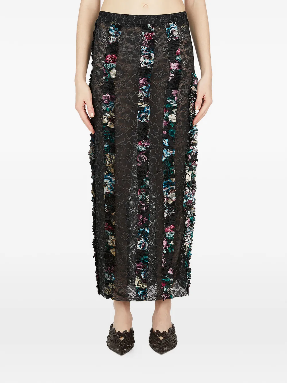 Rave Review Floral-print Ruffled Lace Skirt In Black