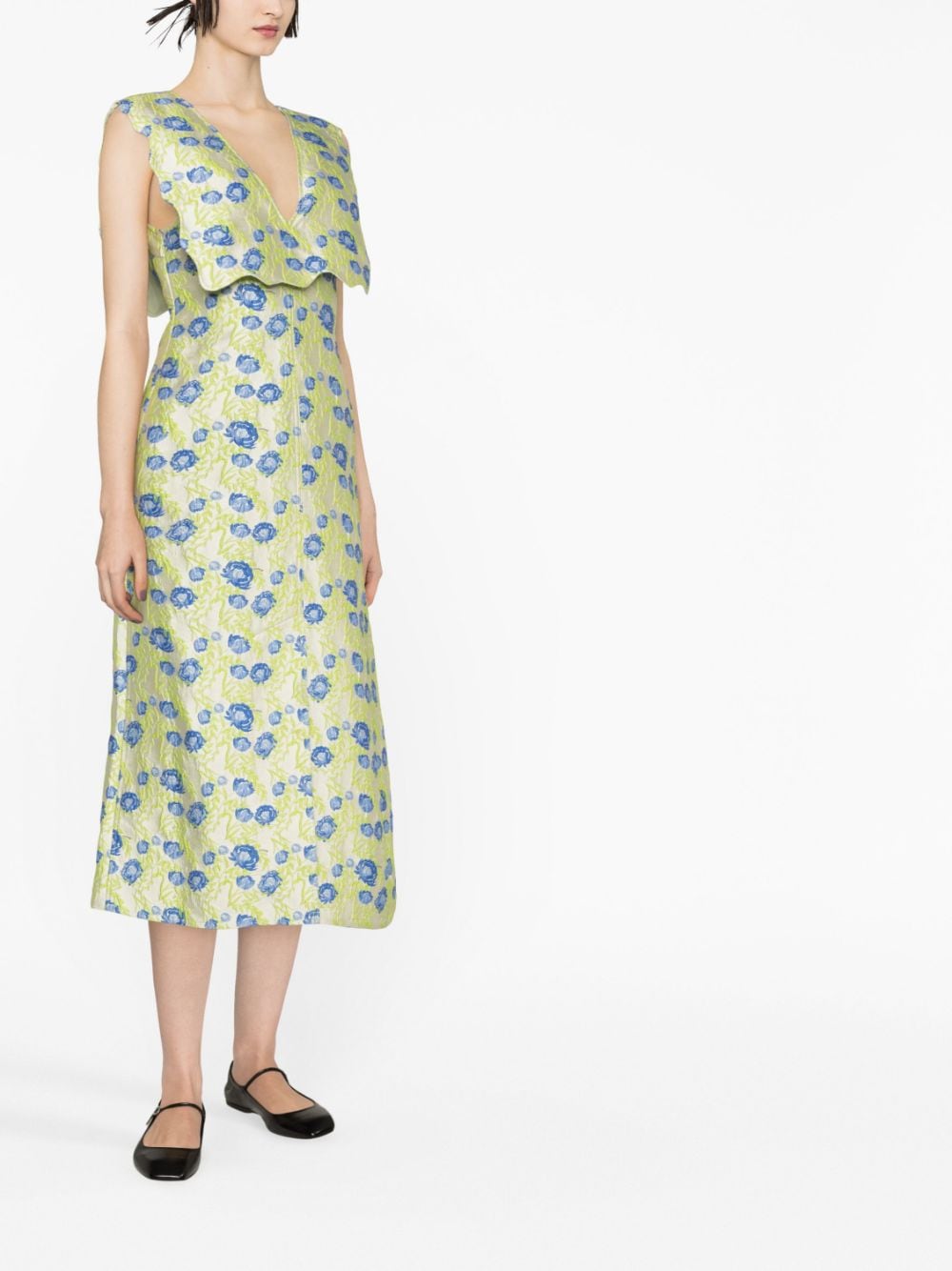 Shop Ganni Jacquard-pattern V-neck Dress In Green