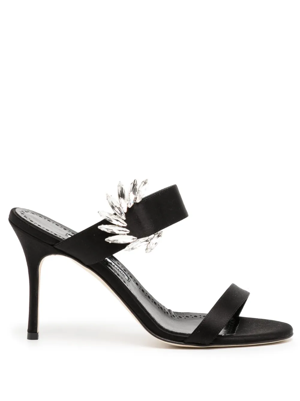 Manolo Blahnik Black Satin Sandals With Jewel Decoration In Schwarz