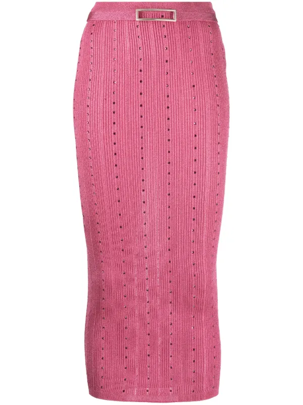 Alessandra Rich Embellished Knitted Midi Skirt in Pink