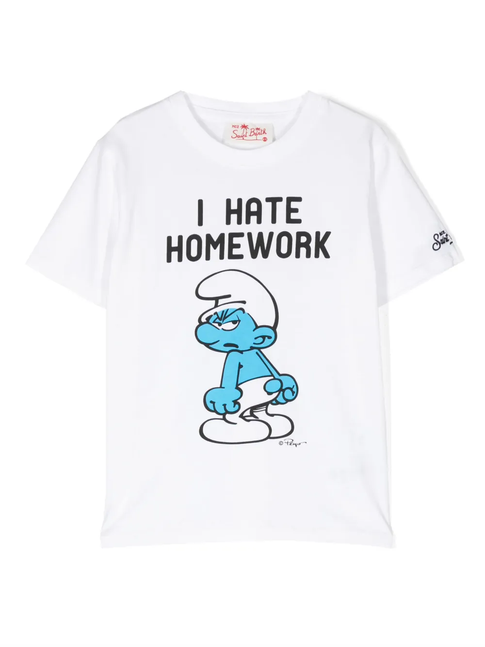 Mc2 Saint Barth Kids' White T-shirt For Boy With Smurf Print, I Hate Homework Writing And Logo