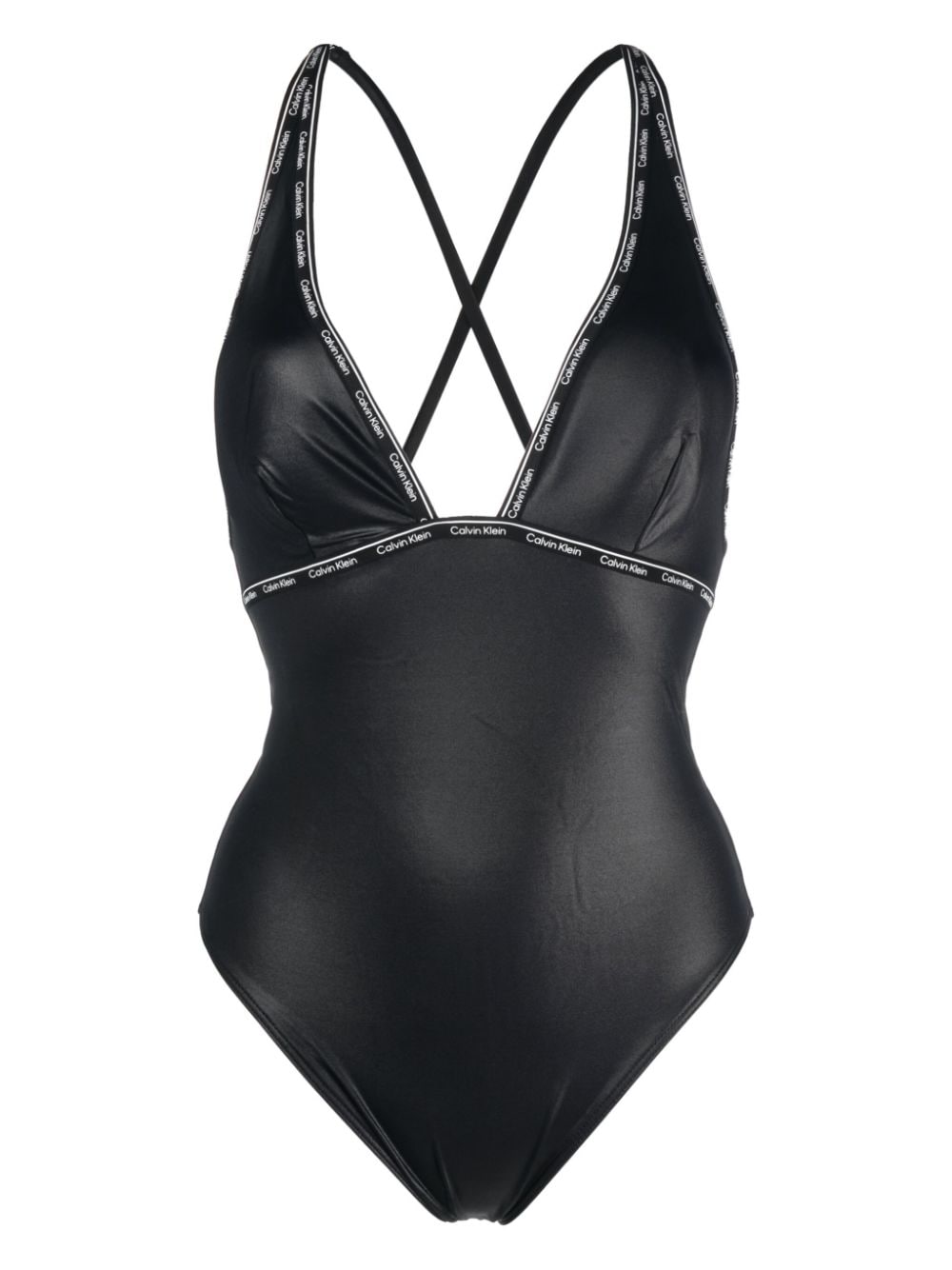 Calvin Klein Plunging V-neck Logo-embellished Swimsuit In Black