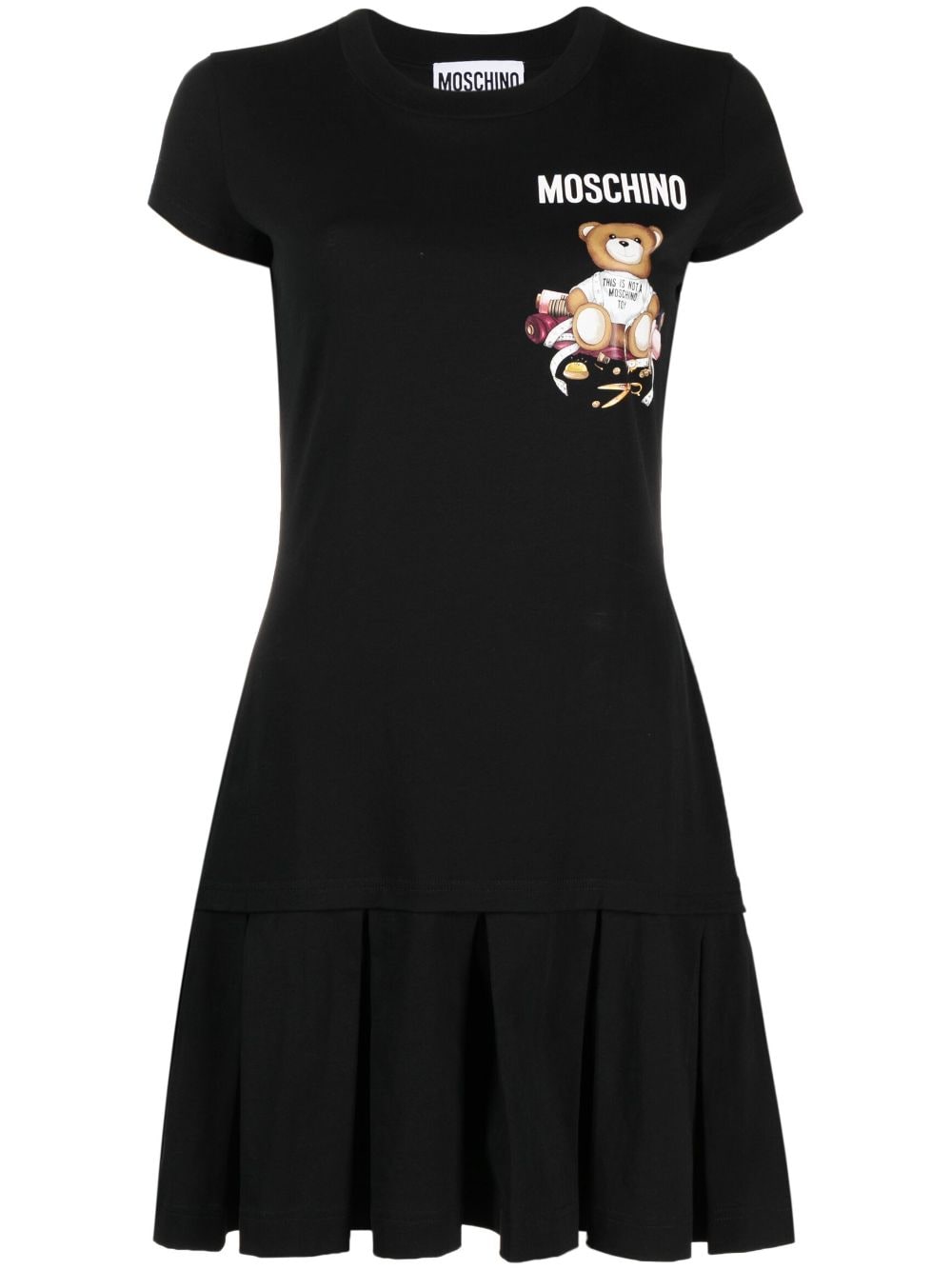 Shop Moschino Logo-print Pleated Short Dress In Black