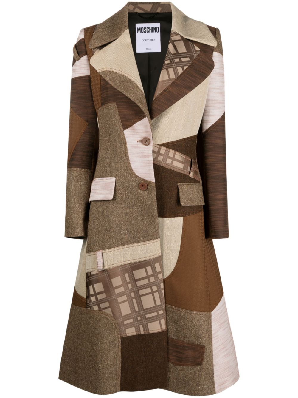 Moschino patchwork-print single-breasted coat - Brown