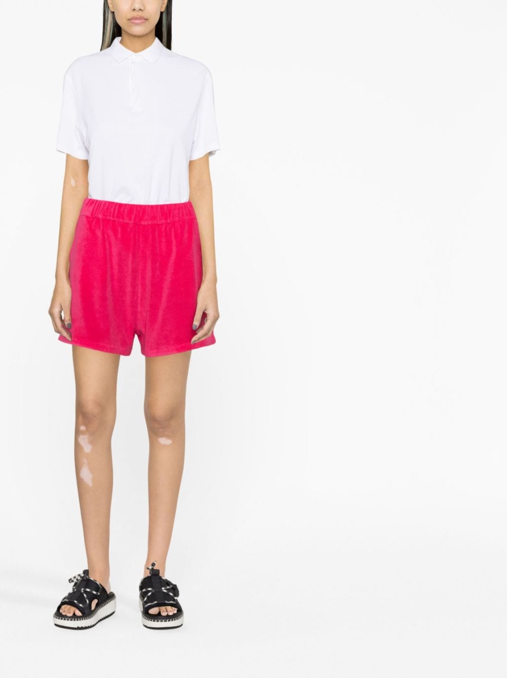 Shop Moncler Logo-patch Velour Shorts In Pink