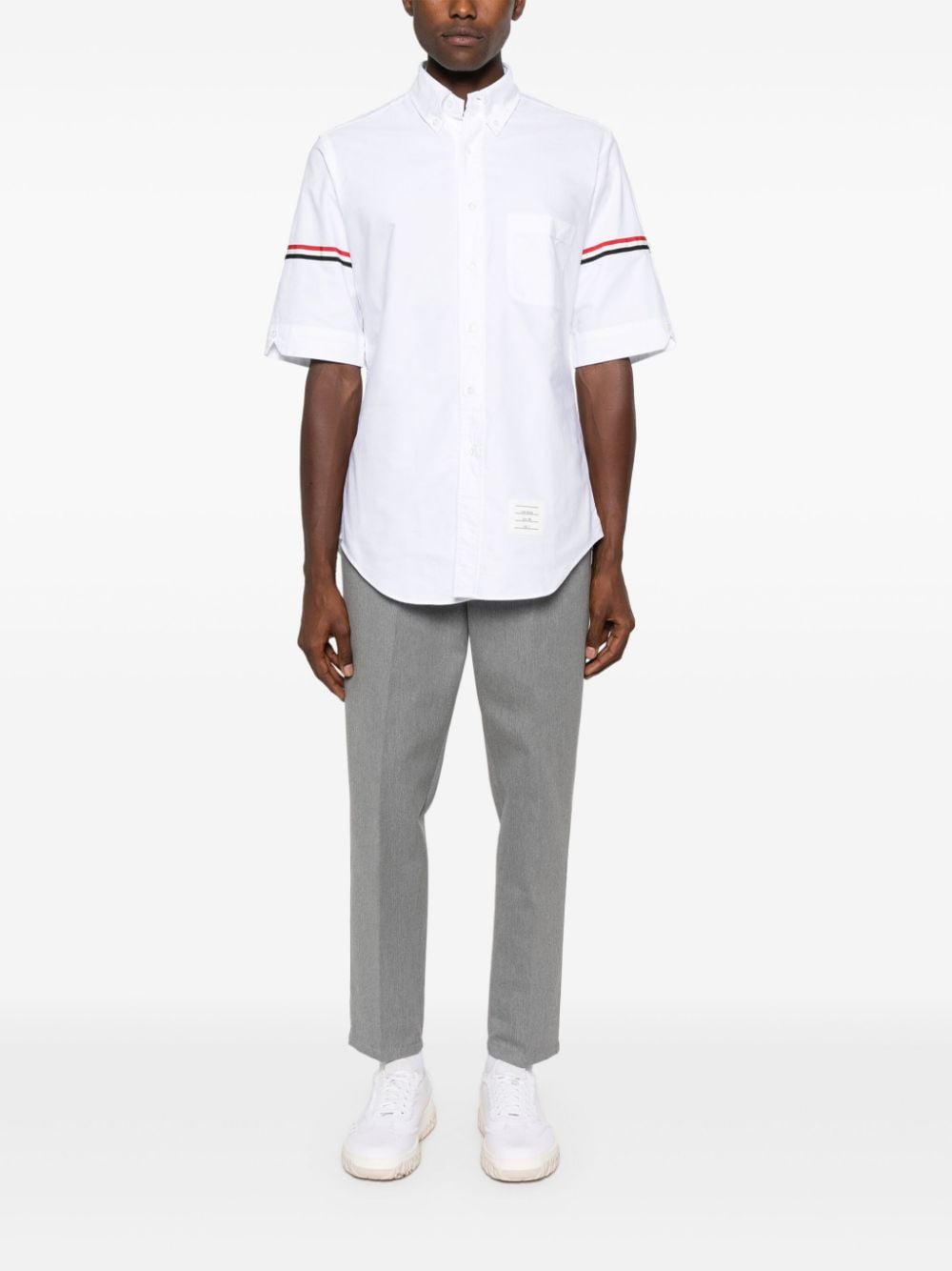 Shop Thom Browne Classic Fit Short Sleeve Shirt W/ Rwb Armbands In Oxford In White