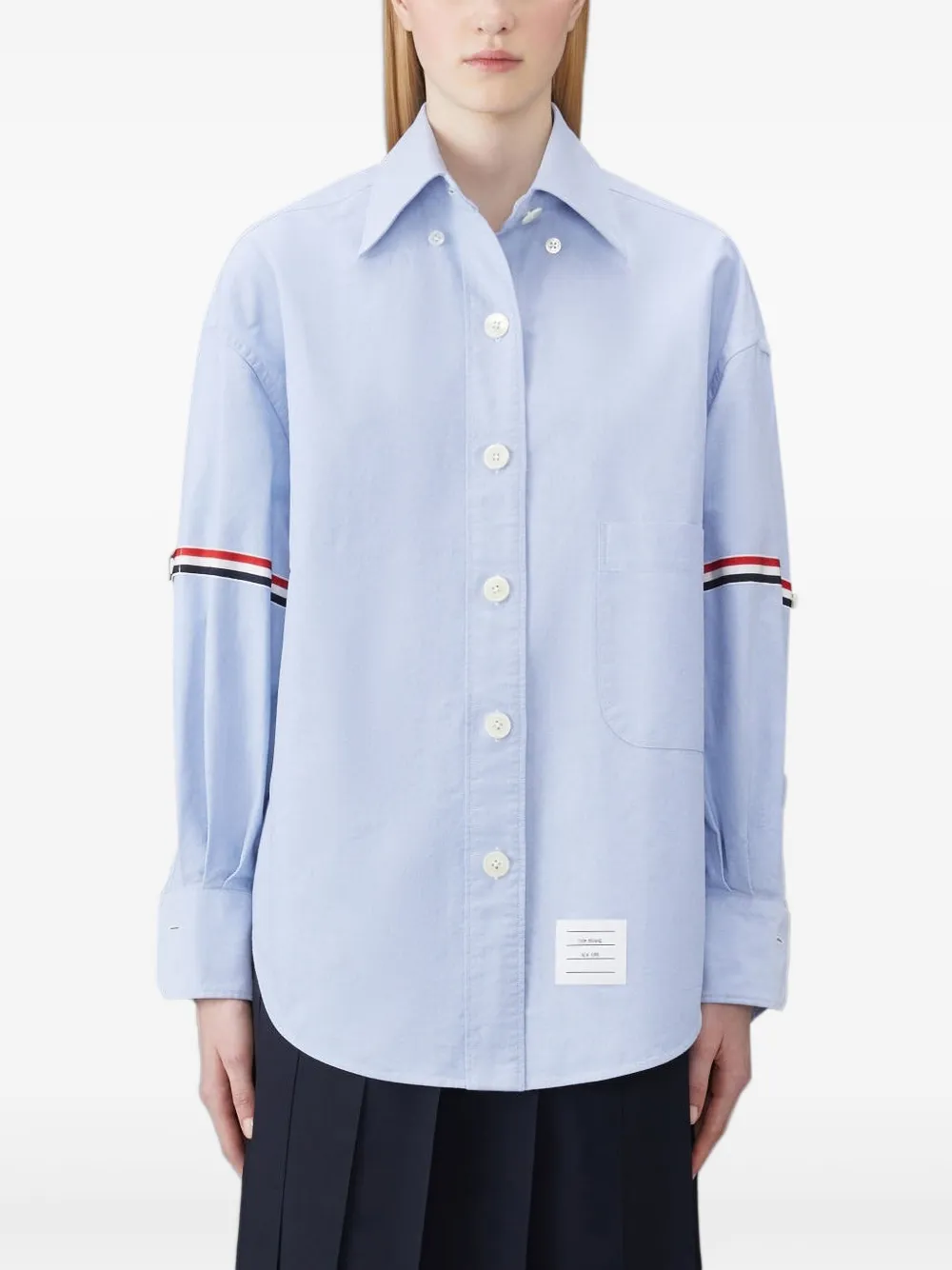 Thom Browne grosgrain-trimmed spread-collar shirt | Blue | Image 1
