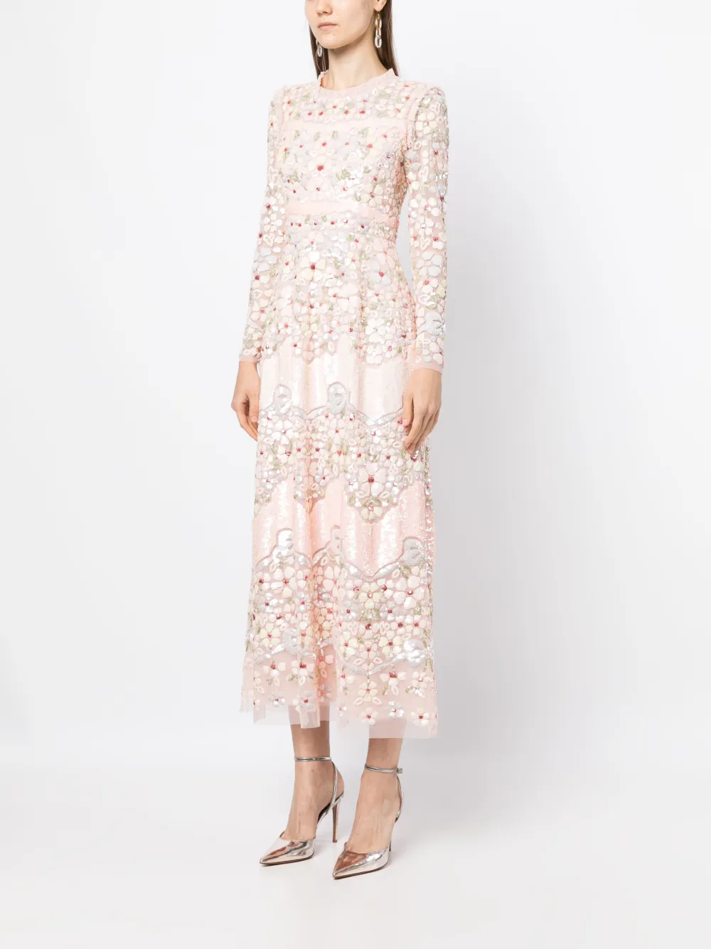 Striped With Floral Sequin Applique Maxi Dress