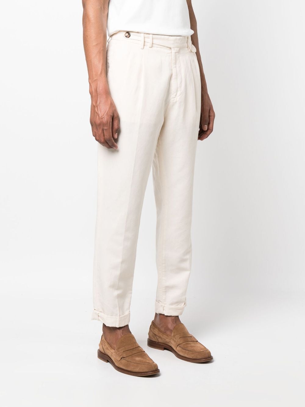 Shop Brunello Cucinelli Pleated Cotton Tapered Trousers In Neutrals