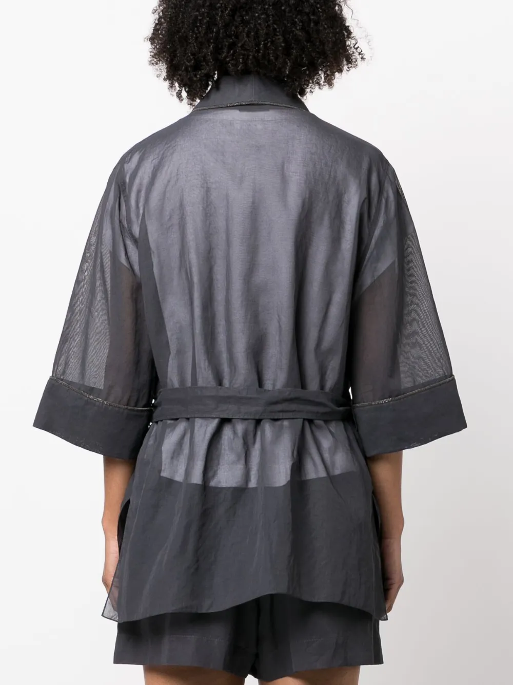 Brunello Cucinelli Monili-trim Belted Cotton Gauze Kimono Jacket In Black
