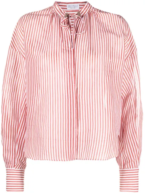 Brunello Cucinelli pussy-ball collar striped blouse 