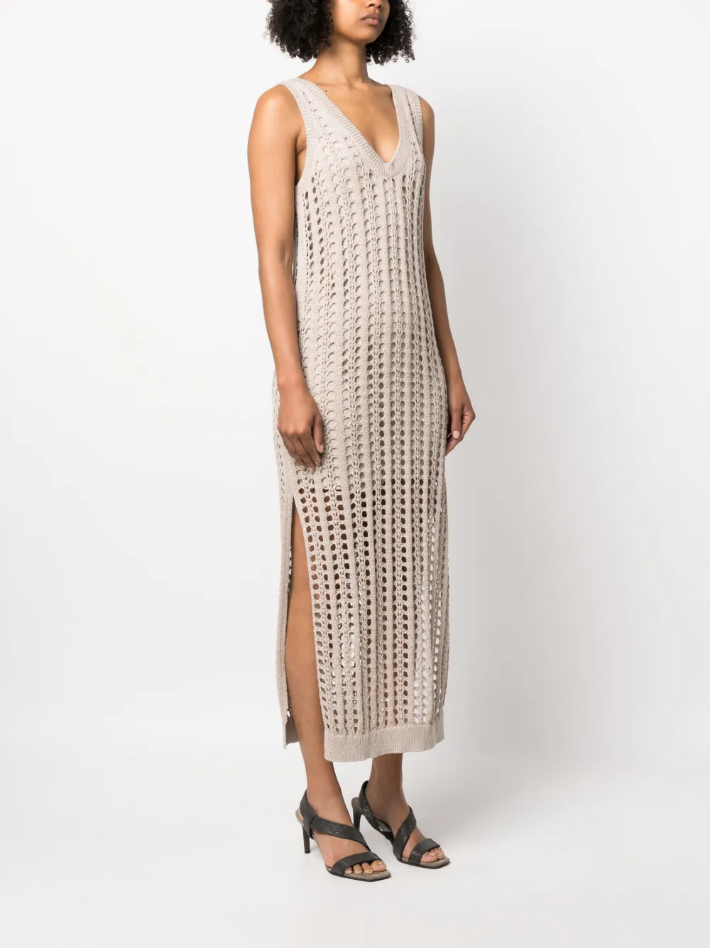 Brunello Cucinelli Open-knit Maxi Dress In Neutrals