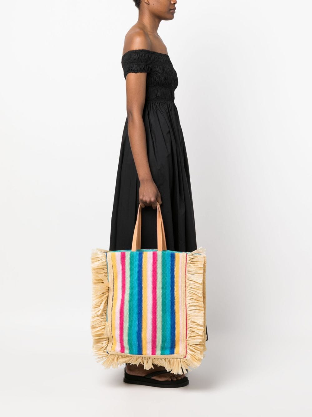 Shop La Doublej Striped Fringe-detail Tote Bag In Neutrals