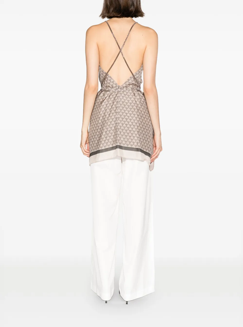Brunello Cucinelli Geometric-print Silk Top In Neutrals