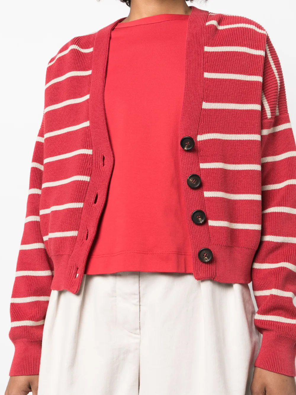 Brunello Cucinelli Striped Cotton Cardigan In Red