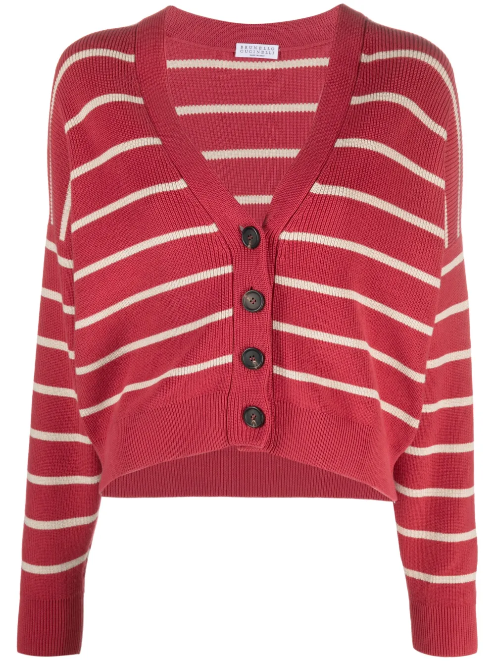 Brunello Cucinelli Striped Cotton Cardigan In Csd41 Red