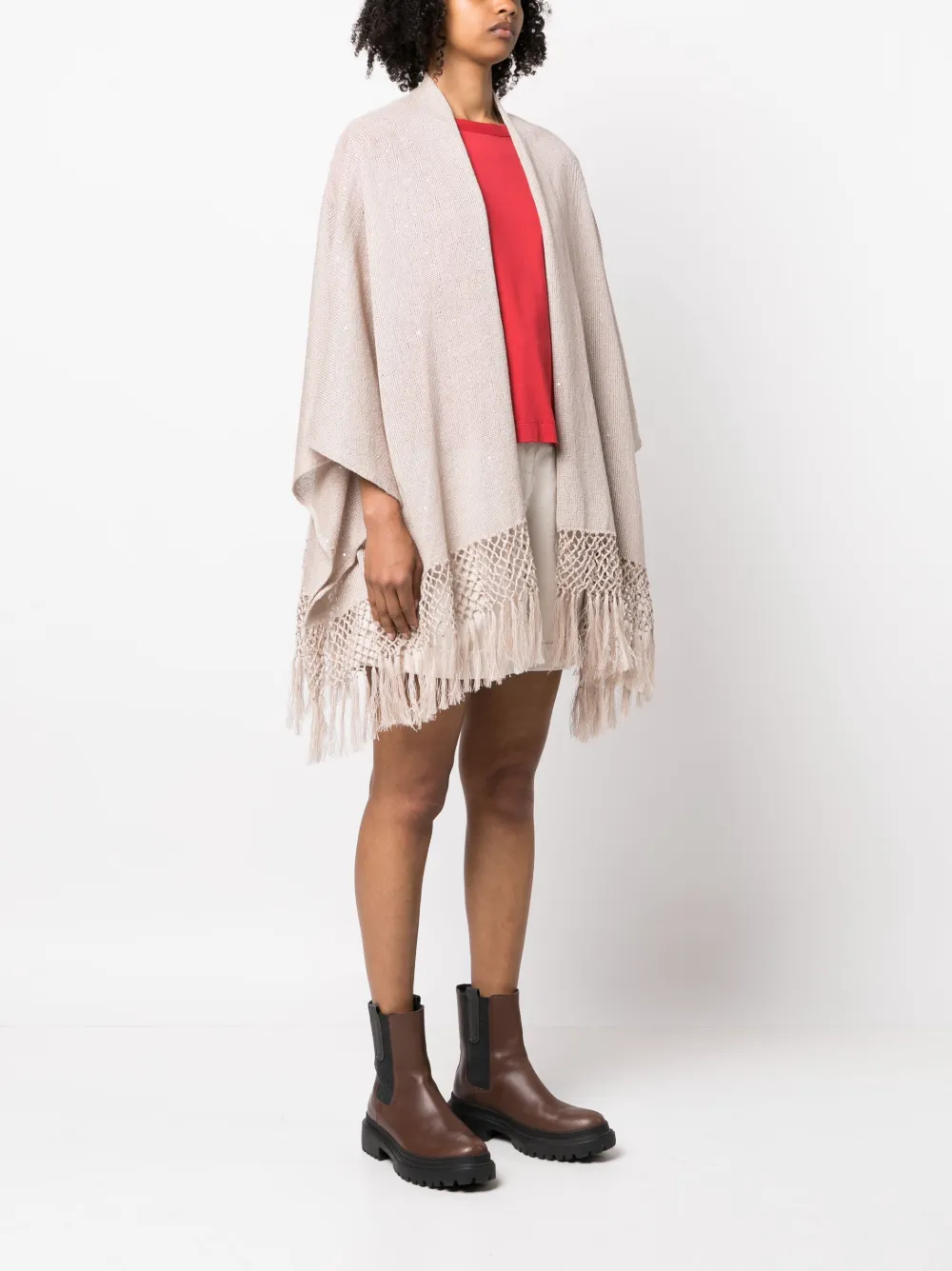 Brunello Cucinelli Fringed Linen Poncho In Brown