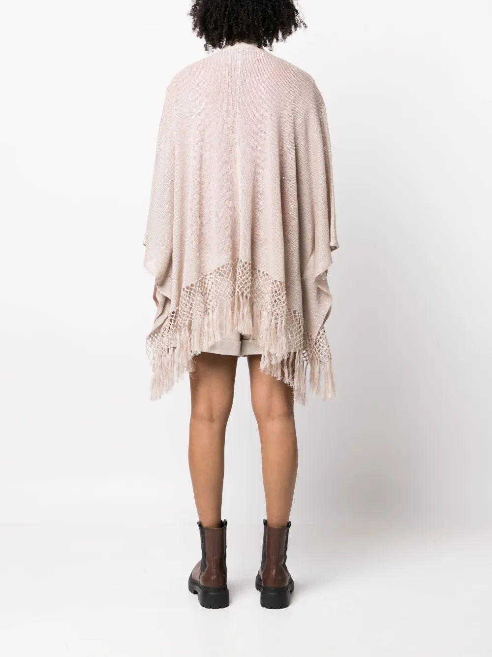 Brunello Cucinelli Fringed Linen Poncho In Brown