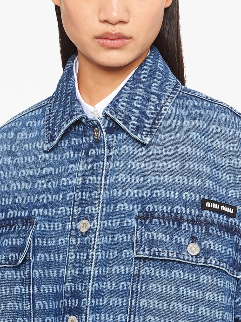 Shop Miu Miu Logo-print Denim Shirt Jacket In Blue