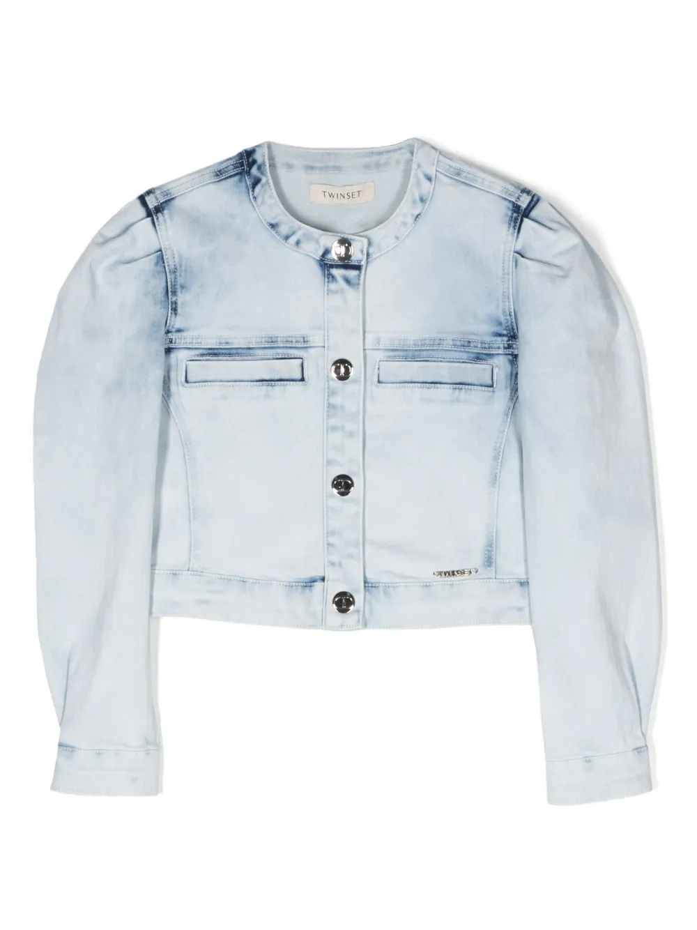 Twinset Kids' Puff-sleeves Washed Denim Jacket In Blue