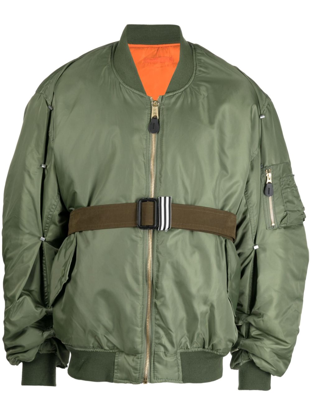 belted zip-up bomber jacket