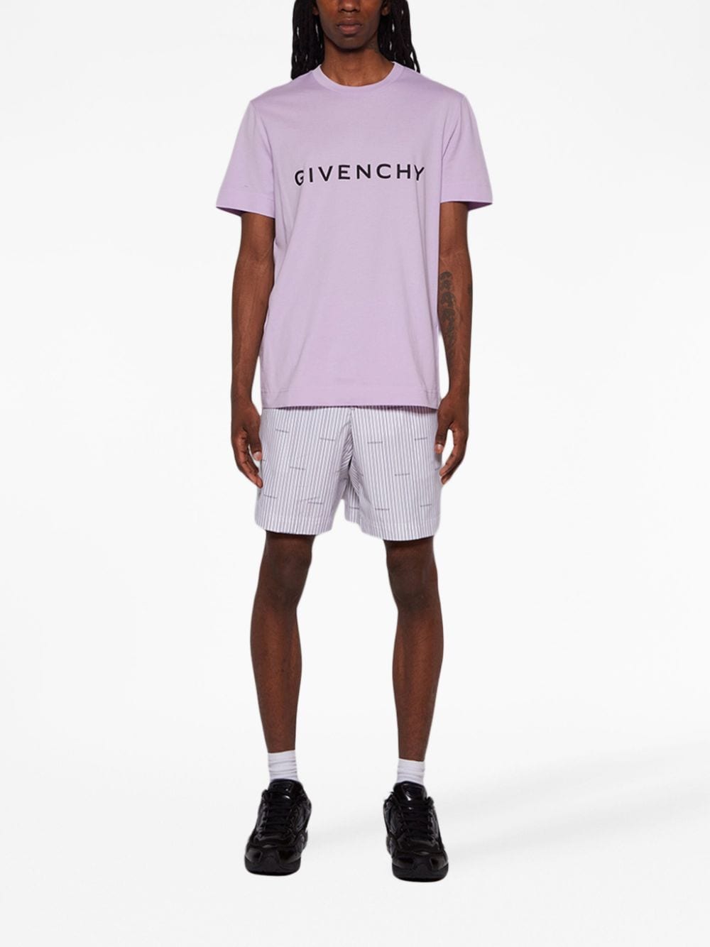Shop Givenchy Logo-print Striped Cotton Shorts In Grey