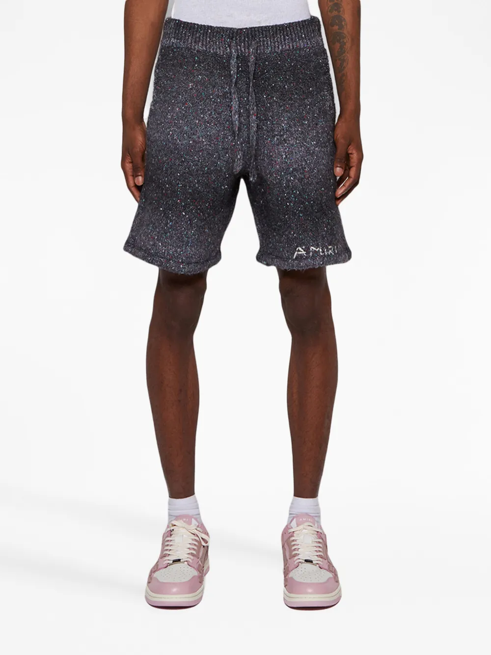 Amiri Wide-leg Embroidered Melangé Knitted Drawstring Shorts In Black
