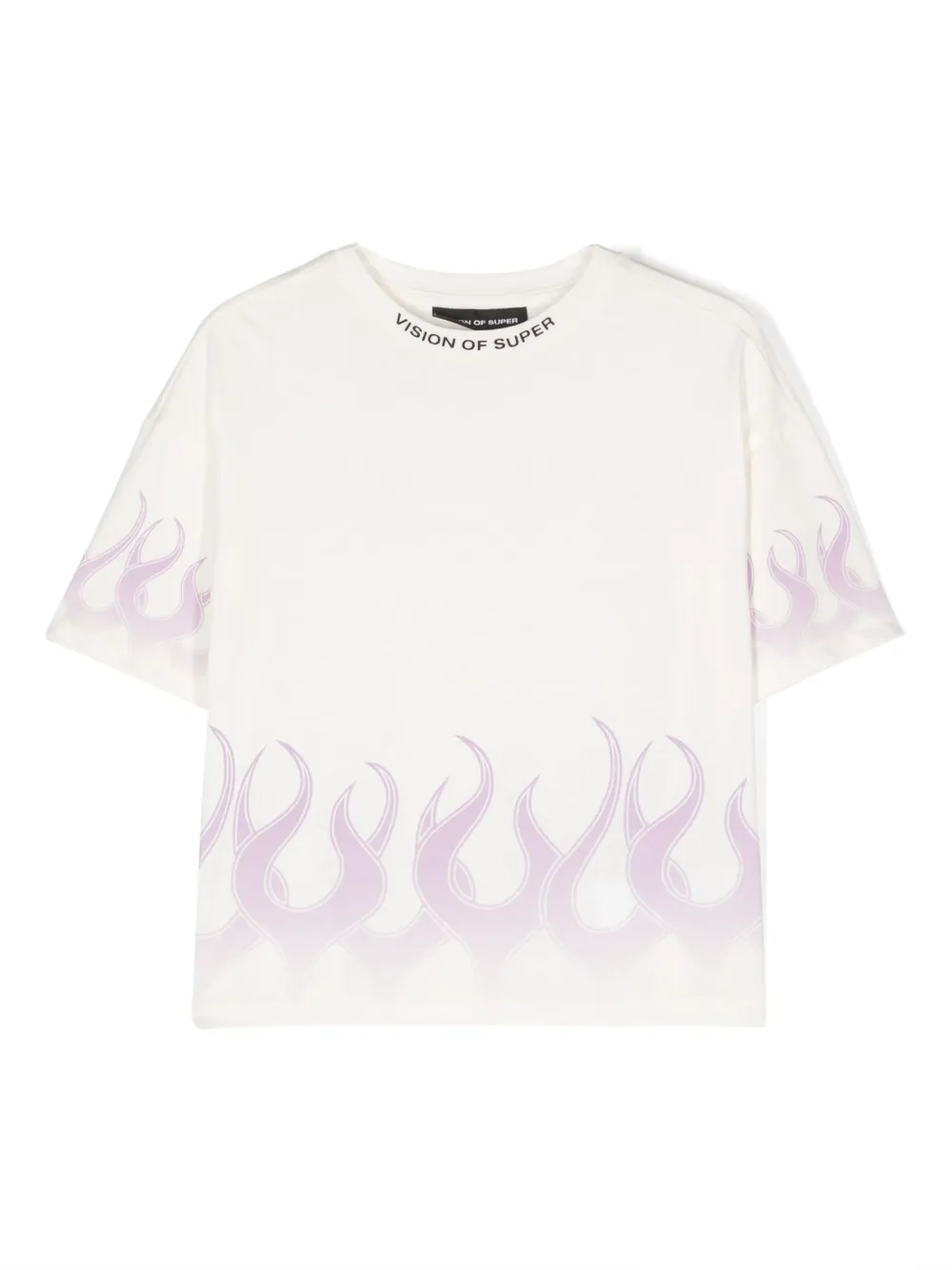 Vision Of Super Kids' Flame-print Logo-neckline T-shirt In White