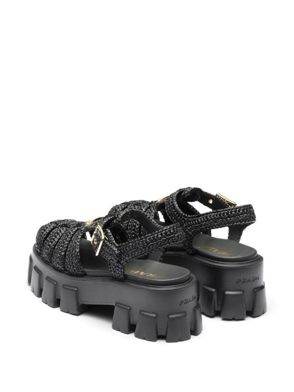 Prada Monolith Raffia Platform Sandals - Black