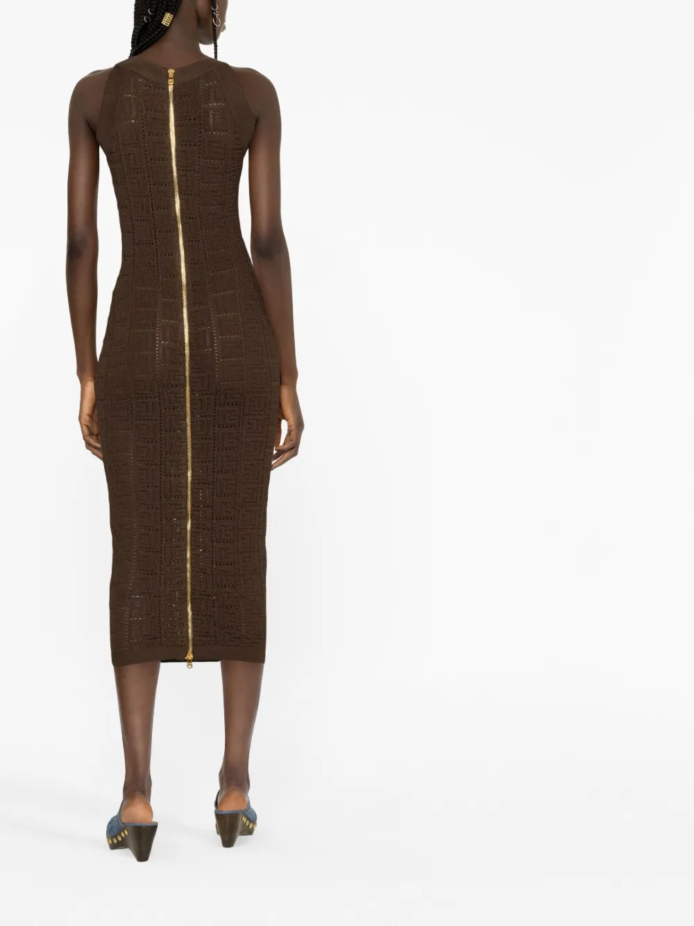 Balmain Monogram Pointelle Knit Sleeveless Maxi Dress In Brown