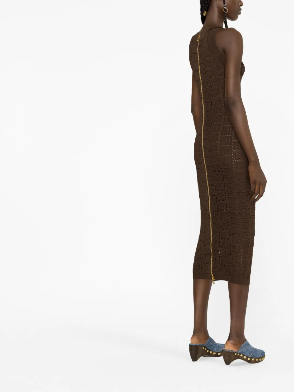 Balmain Monogram Pointelle Knit Sleeveless Maxi Dress In Brown