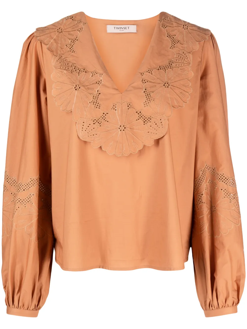 Twinset Broderie-anglaise-detailled Cotton Blouse In Brown