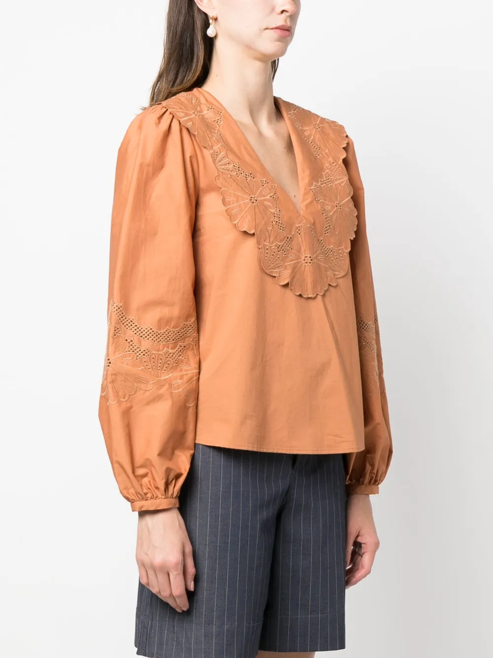 Twinset Broderie-anglaise-detailled Cotton Blouse In Brown