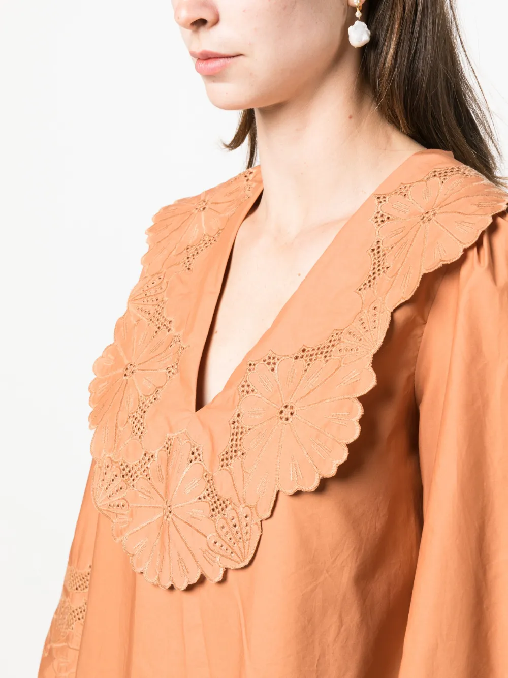 Twinset Broderie-anglaise-detailled Cotton Blouse In Brown