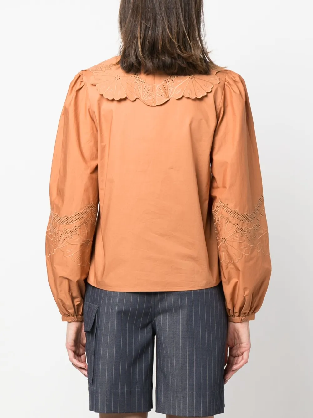 Twinset Broderie-anglaise-detailled Cotton Blouse In Brown