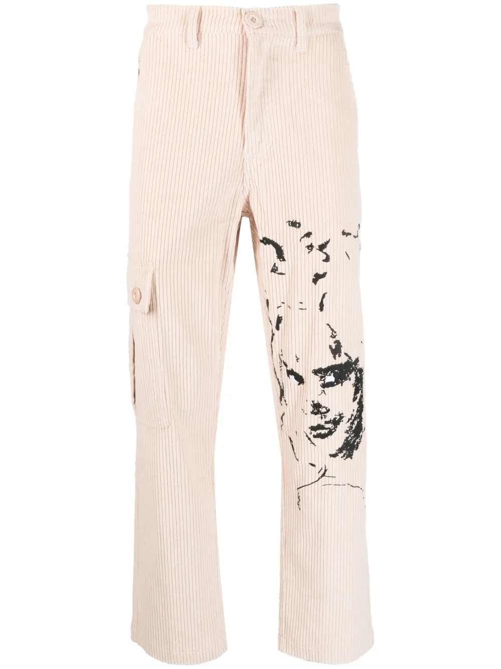 embroidered-face straight-leg trousers