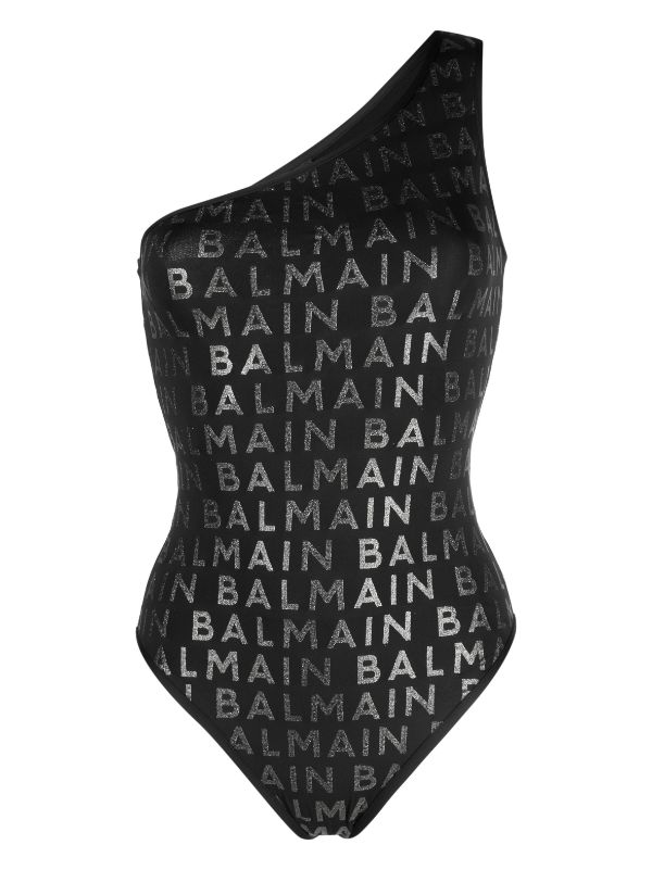 Balmain logo print one shoulder Swimsuit Farfetch