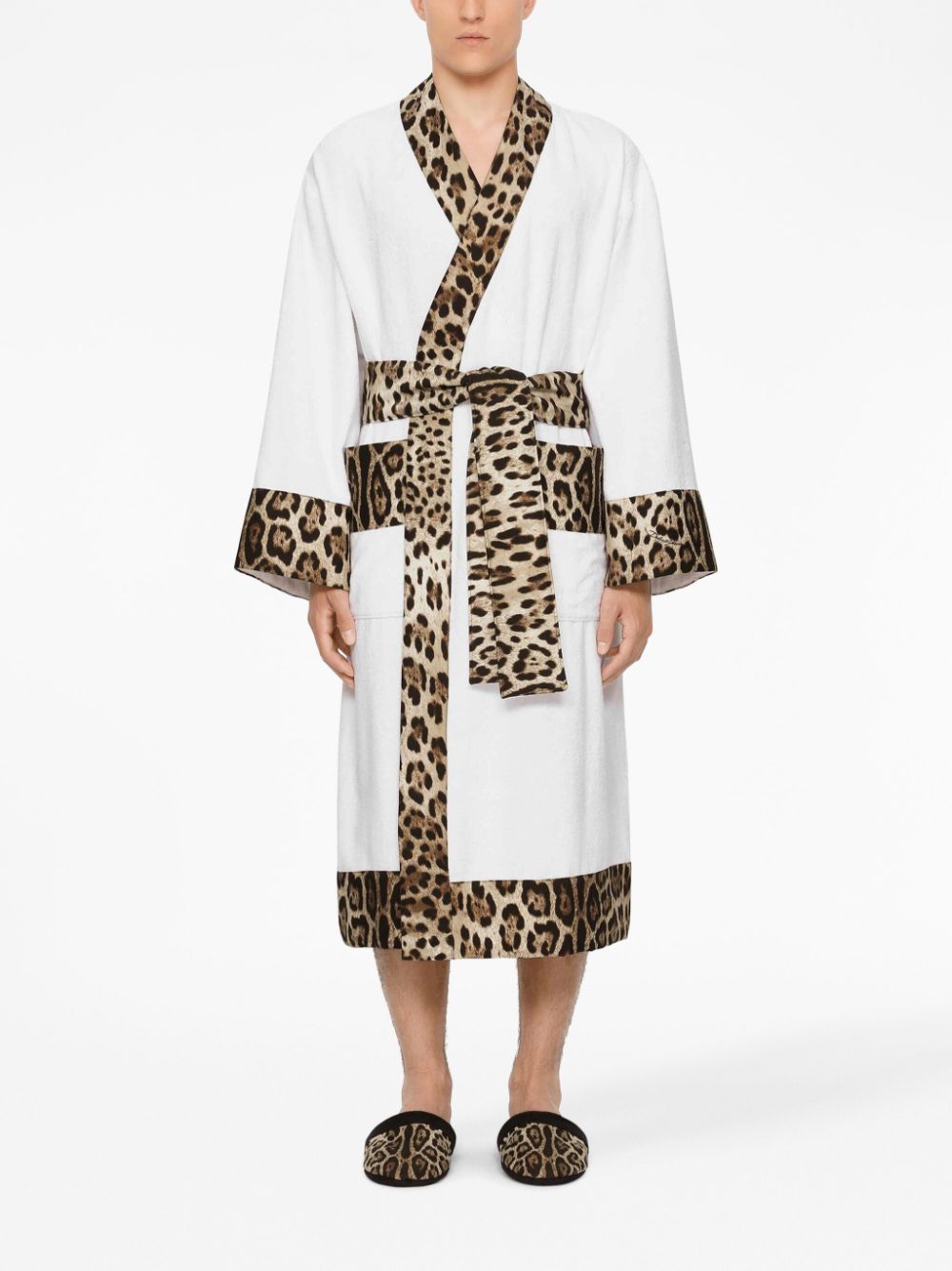 Shop Dolce & Gabbana Leopard-print Terry Cotton Bathrobe In White/beige