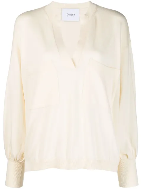 Nude V-neck long-sleeve blouse