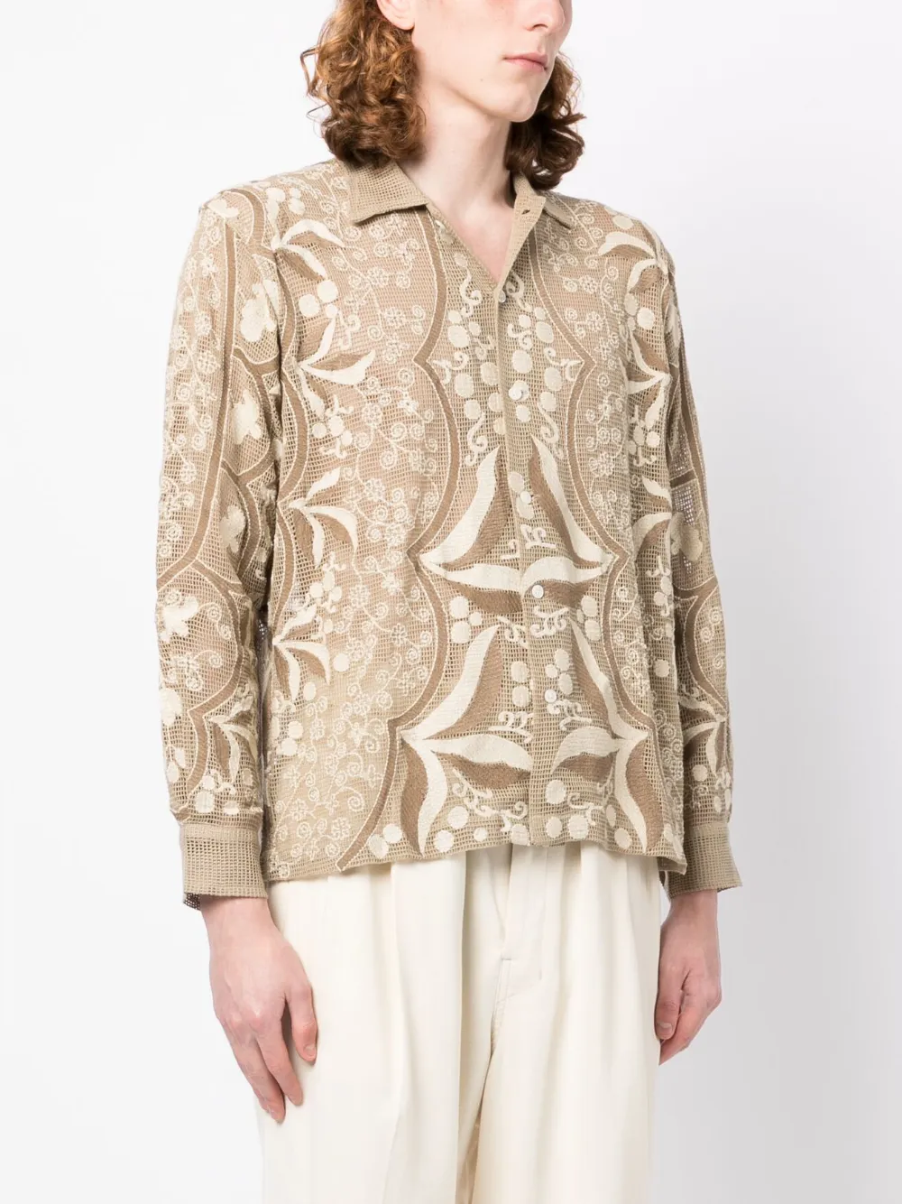 Shop Bode Embroidered Lace Shirt In Neutrals