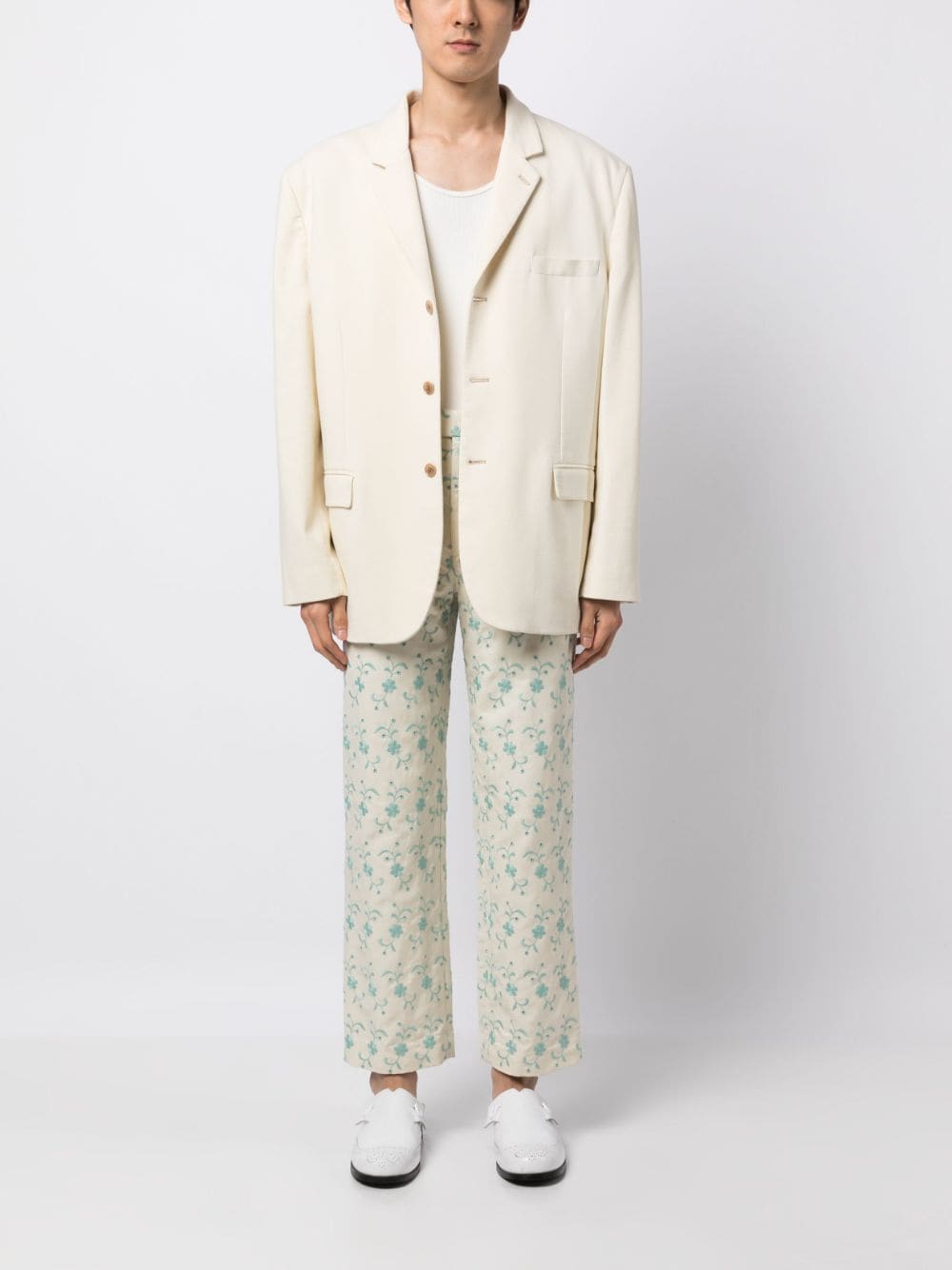 Shop Bode Floral-embroidery Straight-leg Trousers In Neutrals