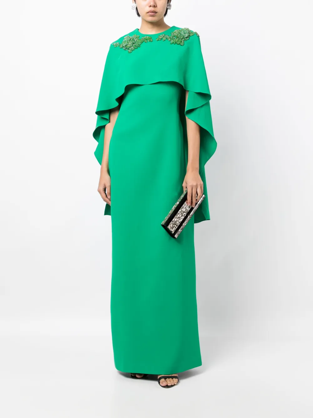 NIHAN PEKER floral-appliqué cape gown dress - Groen