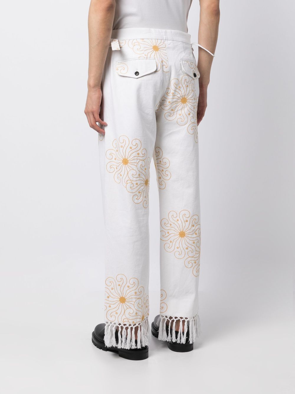 Shop Bode Embroidered Frayed Straight-leg Trousers In White